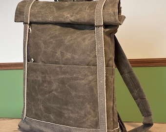 Gray Backpack Waxed Canvas Rolltop Laptop Rolltop Backpack Genuine waxed Canvas