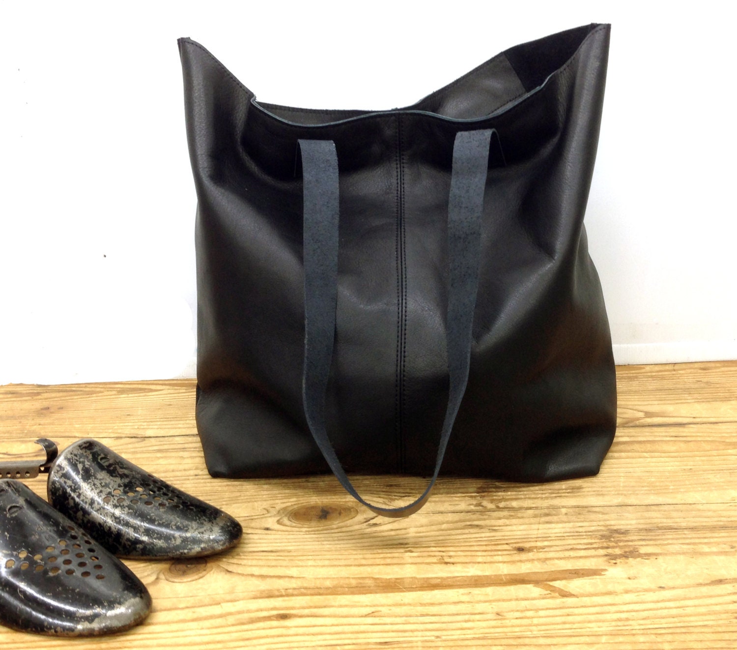 Black leather tote bag Leather shopper soft leather tote bag Etsy