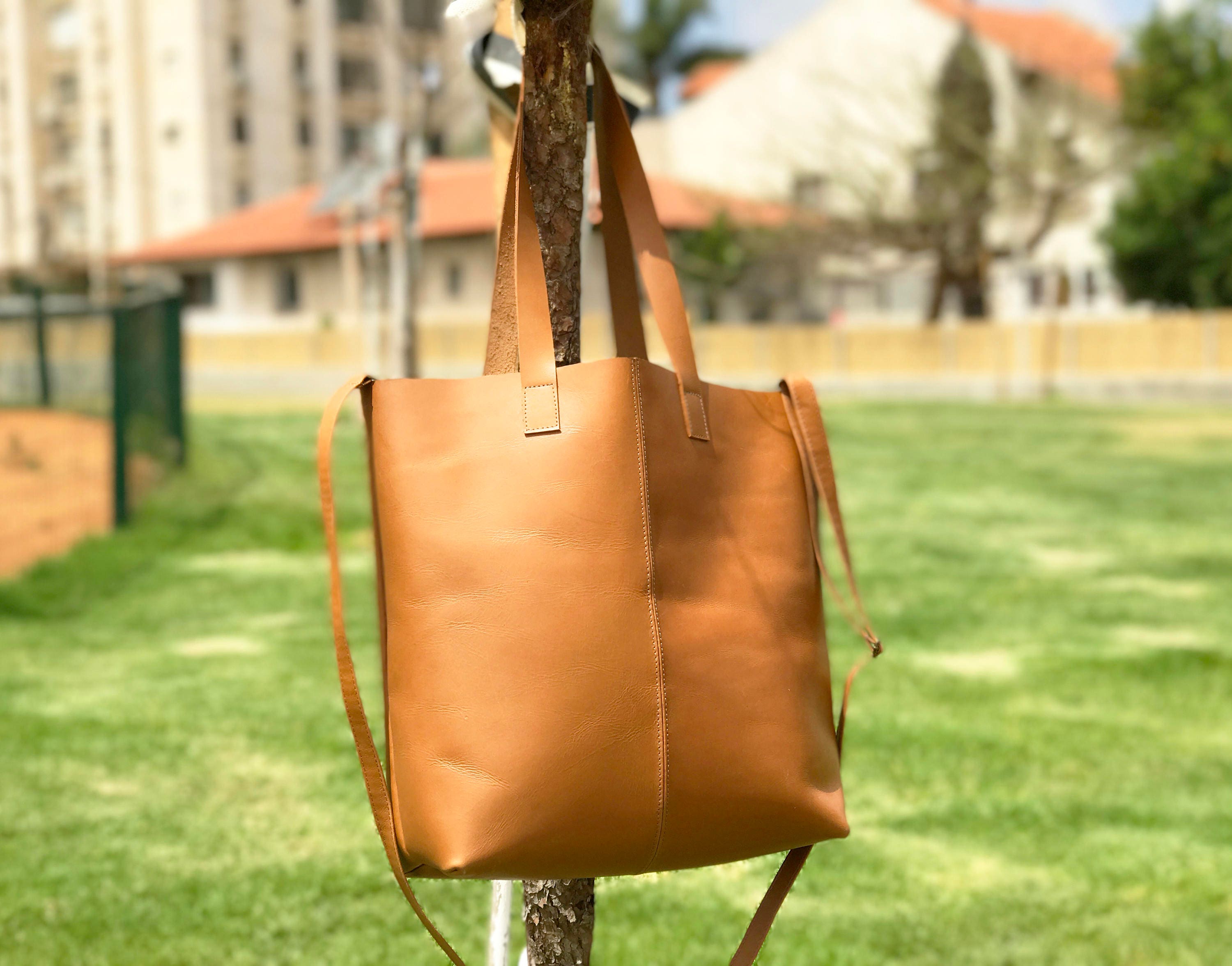 camel leather tote bag