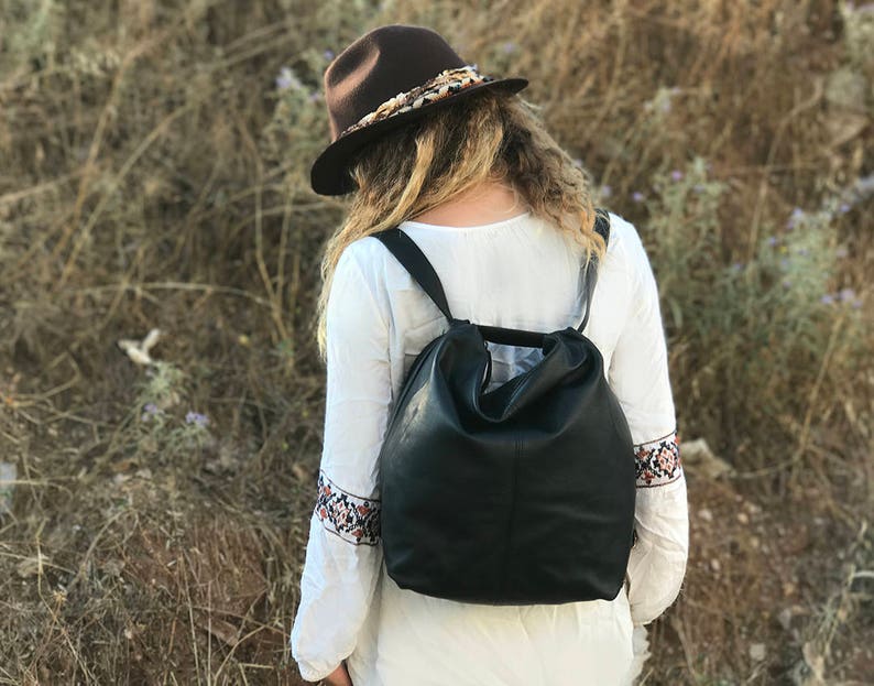 Sale Black leather backpack Crossbody convertible backpack Etsy