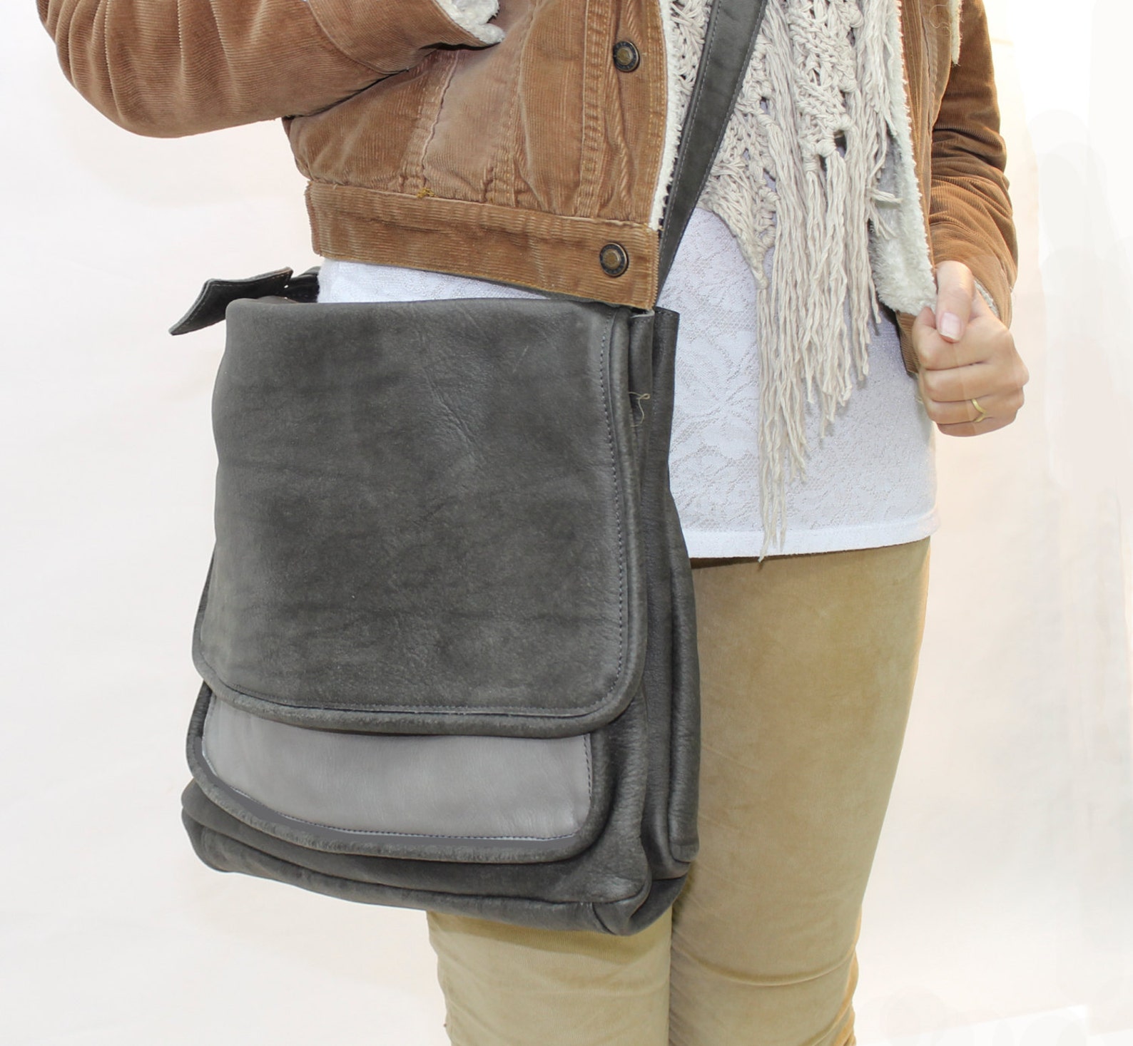 Women Grey Leather Messenger Bag Leather Messenger Bag Women Etsy