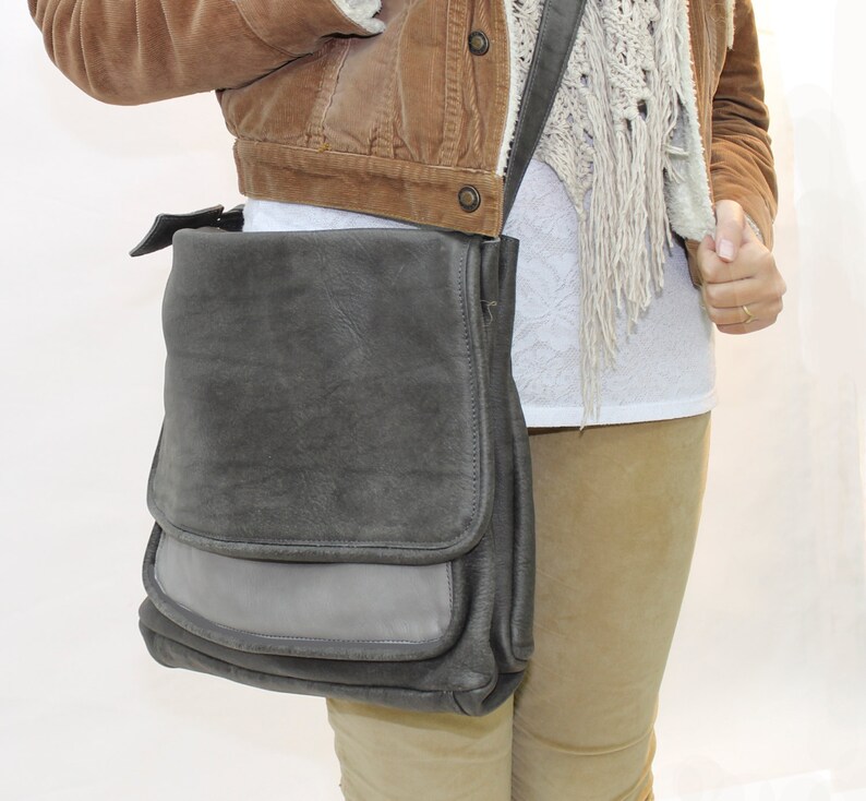 Women grey Leather Messenger bag Leather Messenger Bag women Etsy