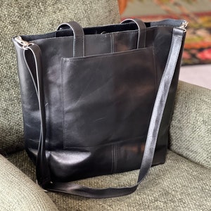 Black Crossbody leather Tote Bag Sturdy Front pocket Leather bucket bag Thick Black Leather Bag
