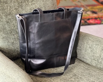 Black Crossbody leather Tote Bag Sturdy Front pocket Leather bucket bag Thick Black Leather Bag