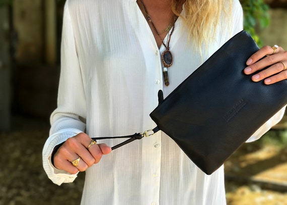 Brown Leather Clutch Purse Black Leather Wristlet Purse Bag 