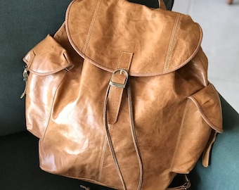 Camel Leather backpack Medium Drawstring Rucksack Hipster Backpack with flap