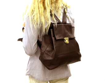 Dark Brown Leather backpack Leather Rucksack in Dark brown Soft Leathe Purse Bag