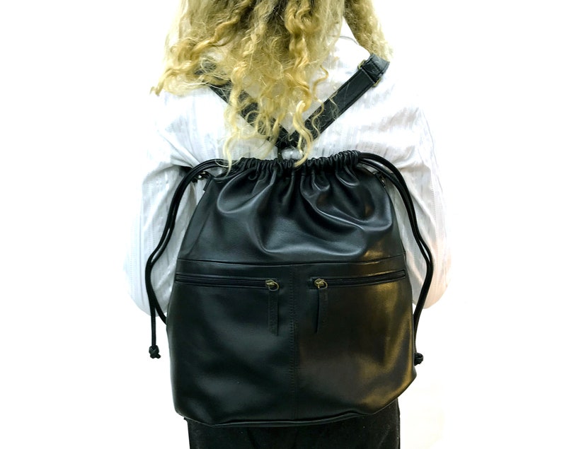 Black Drawstring backpack leather Drawstring bag Women shoulder bag Zippered pockets Men Rucksack