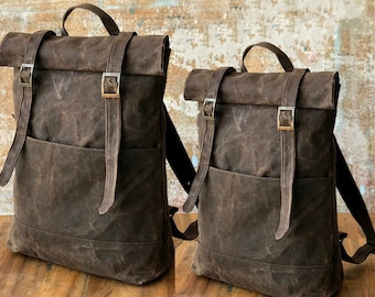 Brown canvas Backpack Waxed Canvas Rolltop 13“ 17” Laptop Rolltop Backpack Genuine waxed Canvas