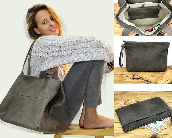grey leather bag sale