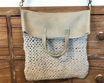 Distressed Light gray Leather purse bag Knitted small Crossbody handbag