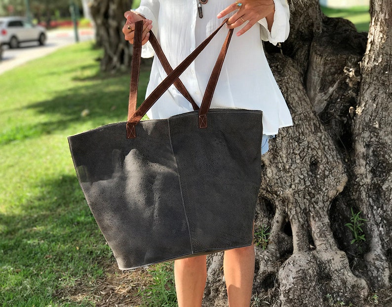 Sale!! Leather shopper bag zipper Gray Extra large leather tote bag purse XL bag purse handmade tote