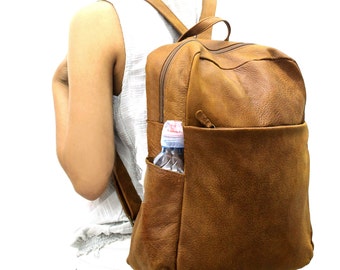 Leather backpack 15in laptop backpack Medium Leather backpack Distressed brown Side Bottle Pockts