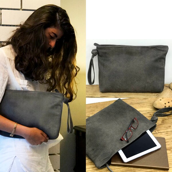 Grey Leather clutch bag Fold over purse clutch Leather Fold over purse clutch Evning Leather Clutch Bag for Women