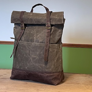 Gray Brown canvas Backpack Waxed Canvas Rolltop Laptop Rolltop Backpack Genuine waxed Canvas