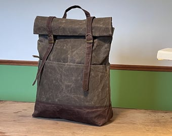 Gray Brown canvas Backpack Waxed Canvas Rolltop Laptop Rolltop Backpack Genuine waxed Canvas