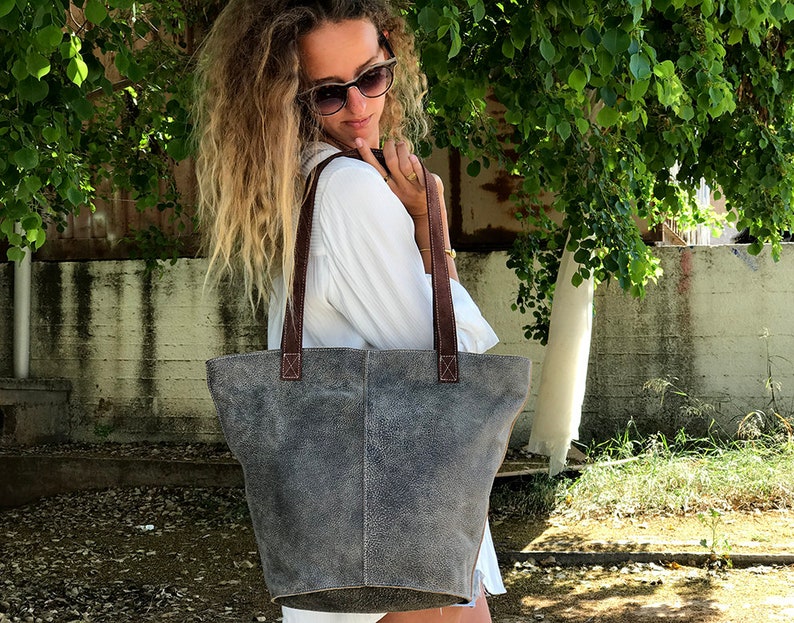 Sale!! Leather shopper bag zipper Gray Extra large leather tote bag purse XL bag purse handmade tote