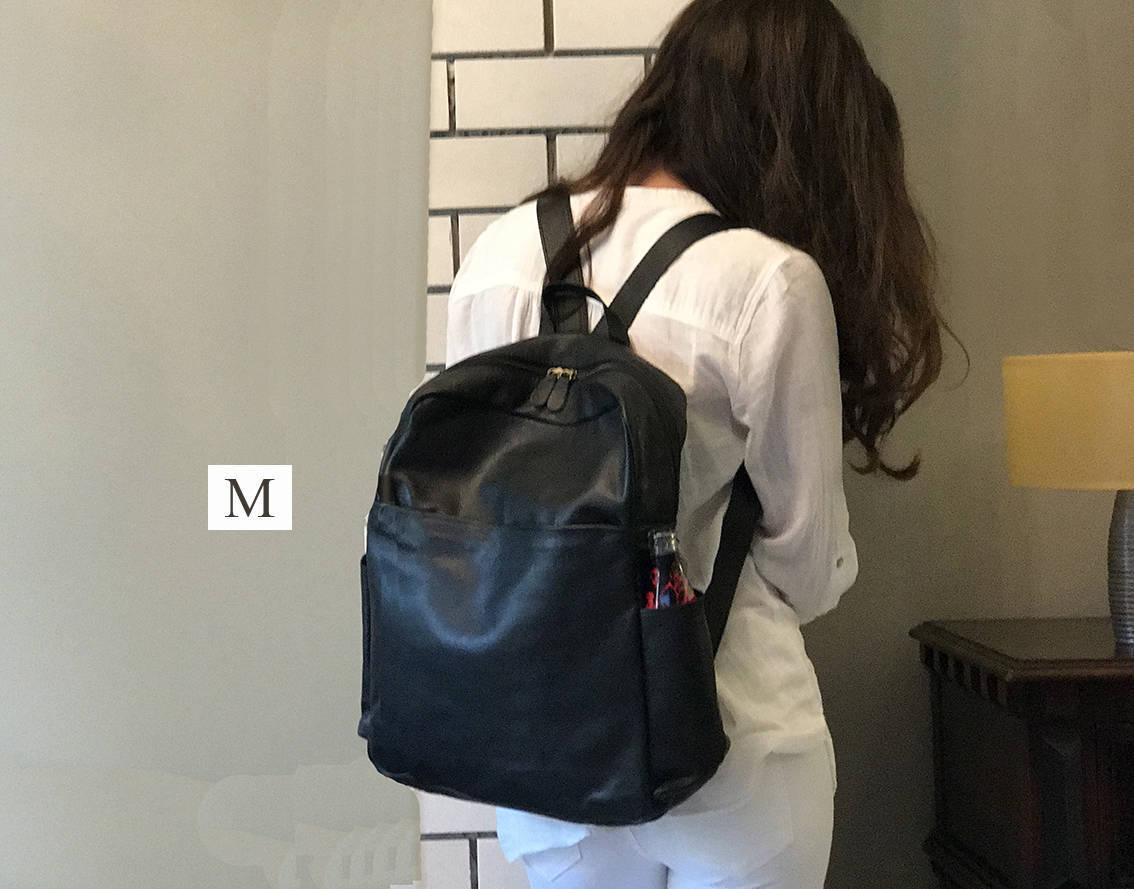 Black Leather Laptop backpack 15 inch bottle pockets backpack | Etsy