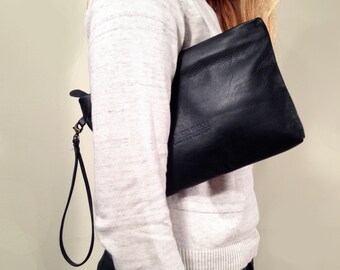 Black Leather wristlet, Wristlet Clutch, Leather clutch, Black leather clutch, leather bag, LINDA