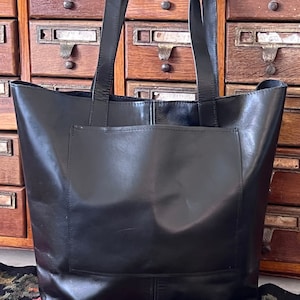 Sturdy Black leather tote bag, Front pocket Leather bucket bag, Thick Black Leather Tote Bag