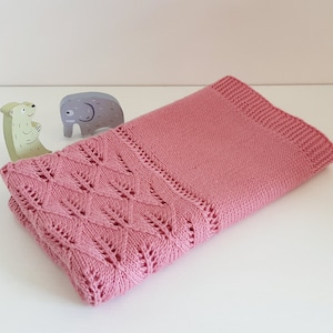 Hand Knit Merino Wool Baby Blanket, Vintage Pink Lace