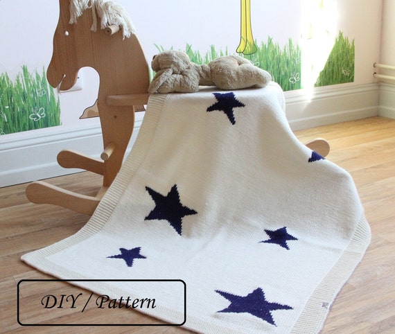 Navy Blue And White Stars Knitted Baby Blanket Navy Blue And White Stars Knitted Baby Blanket