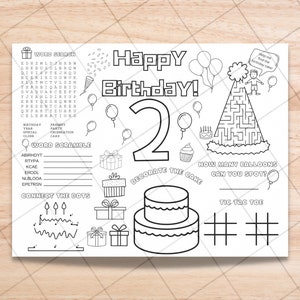 Mantel individual de cumpleaños DOS - 2do cumpleaños - Hoja de actividades y colorear imprimible para niños - Juegos de cumpleaños y páginas de fiesta