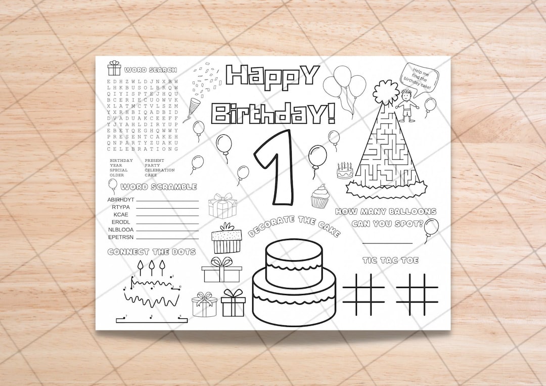 Birthday Placemat ONE - 1st Birthday - Printable Coloring and Activity ...