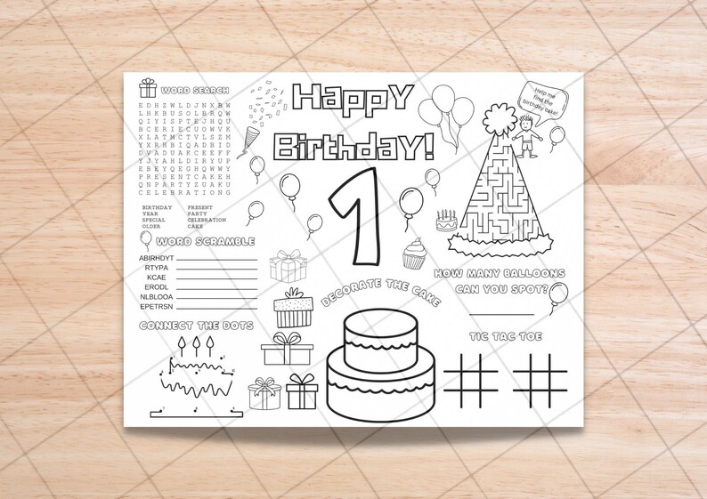Birthday Placemat ONE - 1st Birthday - Printable Coloring and Activity ...