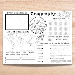 Geography Placemat - Printable Coloring and Activity Sheet for Kids - Geography Games and Party Pages