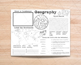 May include: A black and white printable worksheet for kids to learn about geography. The worksheet includes a world map, a word search puzzle, and a matching activity. The worksheet features a landscape illustration with mountains, a river, and a sun.