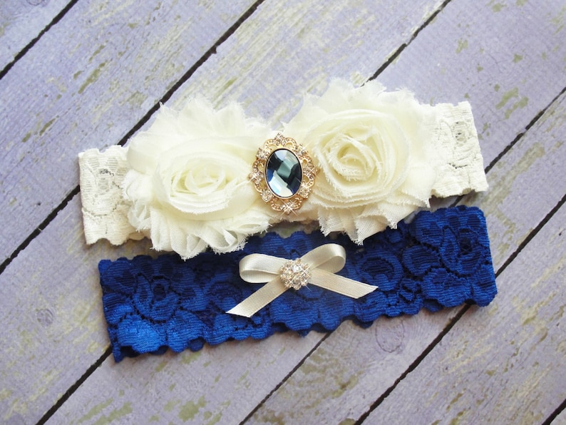 Toss Garter Dark Blue Garter Ivory Garter Bridal Garter Royal Blue Wedding Garter Garter Set Something Blue Keepsake Garter