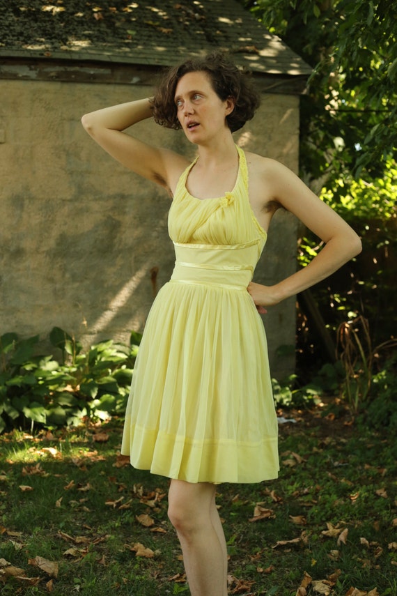 1950/'s1960/'s Chiffon Pleated Bodice Sleeveless Party Dress