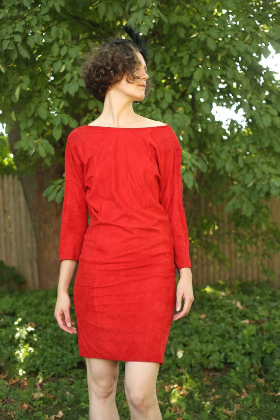 Red Suede Vintage Party Dress - image 2