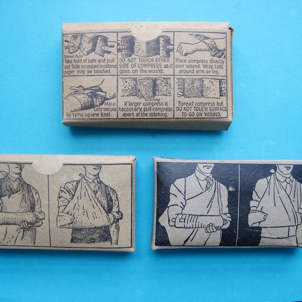 MEDICAL Three 1920s Boxed Bandages–Great Graphics!