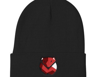 Red Fox Embroidered Graphic Geometric Unisex Black Knit Beanie Warm Cozy Head Wear Adult Size