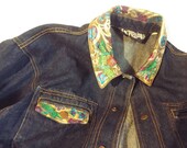 Vintage Womens Denim Jacket trimmed w Painted Distressed Leather Expressions Labe Size L 1980s Medium Indigo Wash SturdyQuality Construct