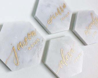 White Marble Hexagon Calligraphy Place Cards