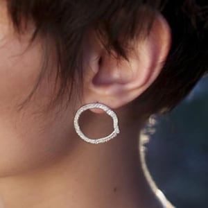 Sterling silver flat hoops, Round modern earrings, Irregular circle, Abstract and organic form, Recycled design jewelry, Solid silver creole
