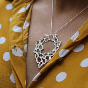 recycled solid silver lace crown sautoir necklace, Designer jewelry inspired by nature, Ecological jewelry, Handmade in France