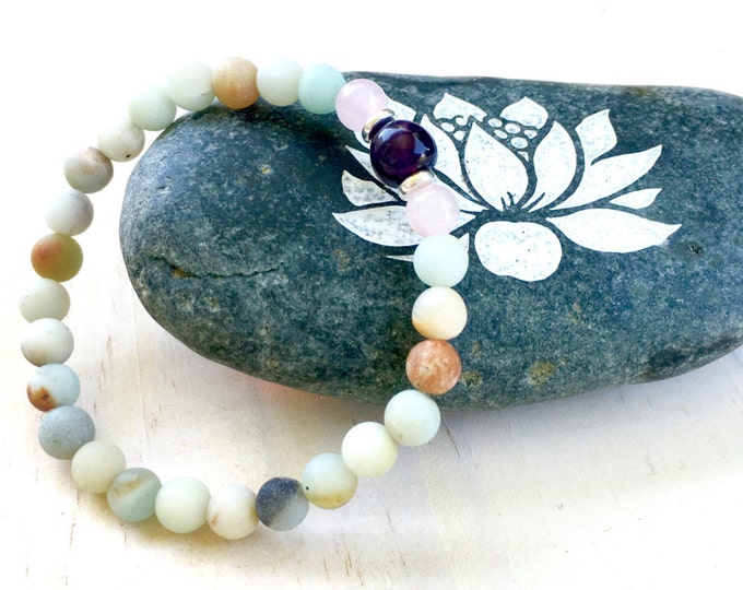 Amazonite And Amethyst Bracelet, Natural Healing Jewelry, Rose Quartz, Balance Your Emotions, Yoga Jewelry, Mala Bead Bracelet