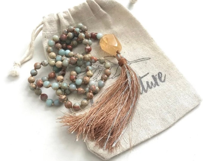Energize The Soul Mala - Citrine Mala Beads - African Opal Mala Necklace - 108 Mala Beads - Meditation Mala -Prayer Beads - Tassel Mala