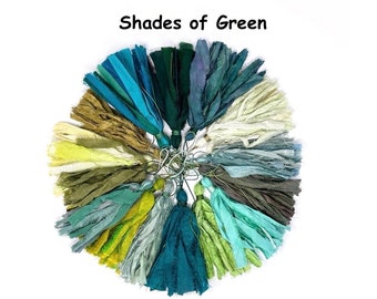 Shades Of Green Sari Silk Tassels - Mala Bead Tassels - Silk Tassels For Crafting - Customize Your Mala Necklace - Unique Tassels