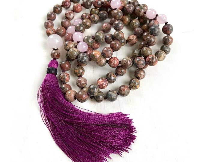 Soothe Your Spirit Mala Necklace - Leopard Skin Jasper Mala Beads - Rose Quartz - 108 Beads - Silk Tassel Mala - Hand Knotted