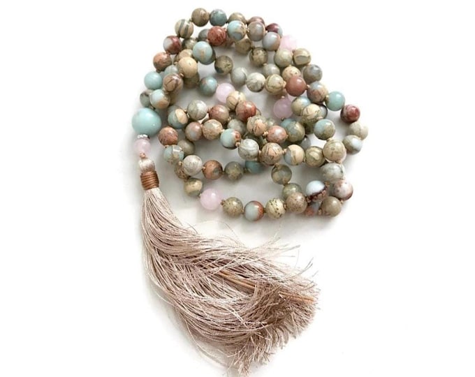 Mala For Compassion & Balance: African Opal and Rose Quartz - Sari Silk Tassel - 108 Hand Knotted Beads