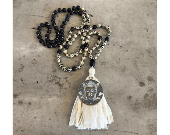 Dalmatian Jasper & Black Onyx Mala Necklace - 108 Bead Hand Knotted Mala With Sari Silk Tassel - Optional Buddha Pendant