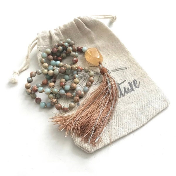 Mala Nuevos Comienzos - Cuentas de Citrino y Ópalo Africano - Collar Mala Anudado a Mano - Mala para Alegría y Claridad - Mala con 108 Cuentas