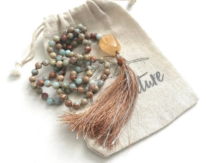 New Beginnings Mala - Citrine & African Opal Beads -  Hand Knotted Mala Necklace - Mala For Joy And Clarity - Mala With 108 Beads