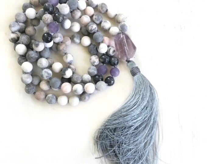 Calm The Mind Mala Beads - Pink Zebra Jasper - Labradorite Mala Necklace - 108 Mala Bead - Amethyst Guru Bead - Sari Silk Tassel - Knotted