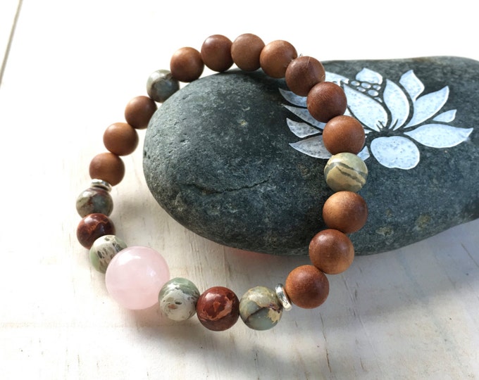 African Opal And Sandalwood Bracelet, Rose Quartz Stretch Bracelet, Bohemian Beaded Bracelet, Boho Chic Jewelry, Natural Festival Jewelry